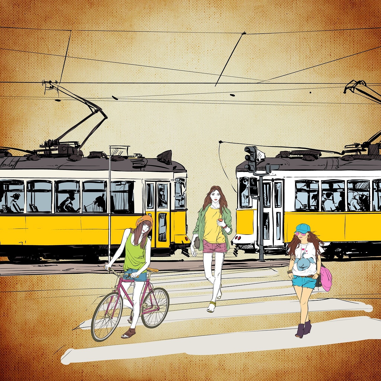 road, tram, girl